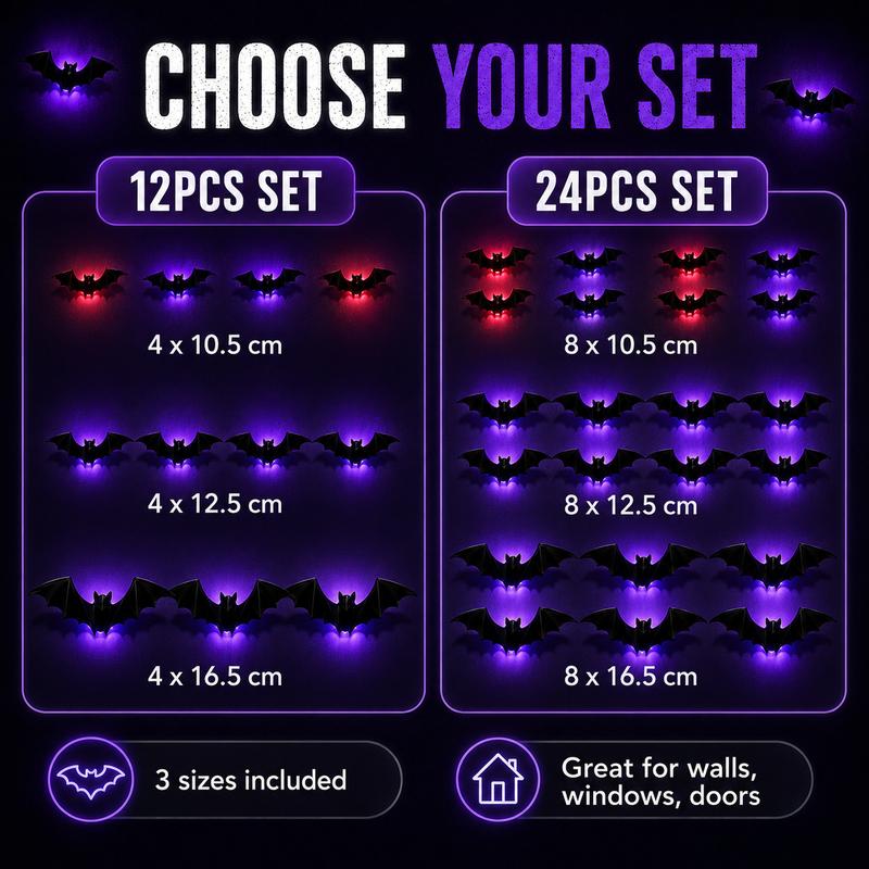 Halloween Bat Decorations LED Light Up – 3D Bat Wall Stickers